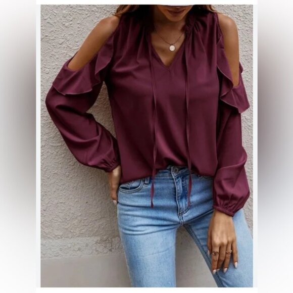 Parker Marjorie Silk Ruffles Boho Balloon Sleeves Shoulder Blouse Top V Neck S - Picture 5 of 16